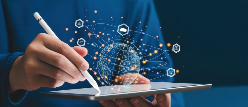 Business and Digital transformation concept.Using digital tablet with big data and networking, internet global network connection, Data science, futuristic, innovative, Abstract technology background - Powered by Adobe