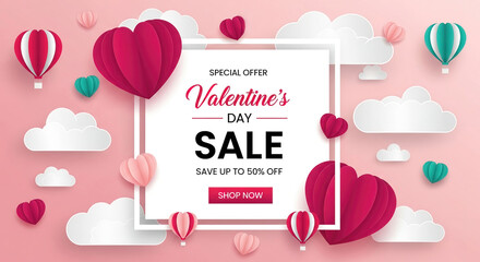 Elaborate Valentine's Day sale poster with paper craft clouds, hearts, and hot air balloons. White central frame for text on pink background.