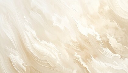 Abstract painting with soft beige, cream, and white tones resembling misty landscape or cloud formation.