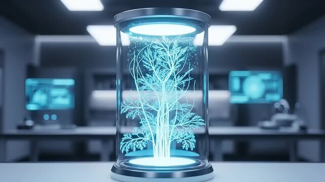 Futuristic Laboratory with Glowing Plant in Glass Container Genetic Engineering and Biotechnology Research.