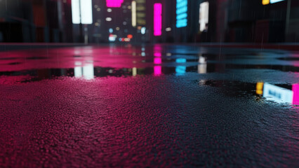Vibrant neon reflections on a wet city street at night, showcasing urban glow and atmospheric puddles.