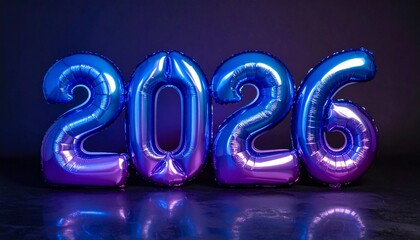 Glossy balloon-style "2026" in gradient blue to purple with shiny reflective surface on dark background.