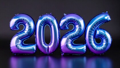 Glossy balloon-style "2026" in gradient blue to purple with shiny reflective surface on dark background.
