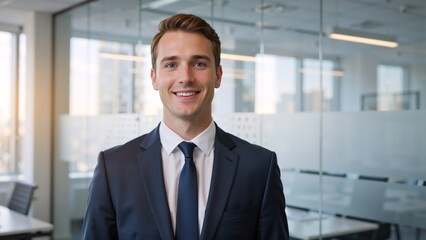 Fototapeta premium Smiling professional businessman looking at the camera. Portrait of a confident young male executive in a modern corporate office