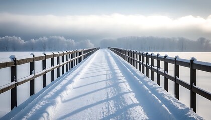 Snowy boardwalk on a bright winter day leading towards a forest in the distance