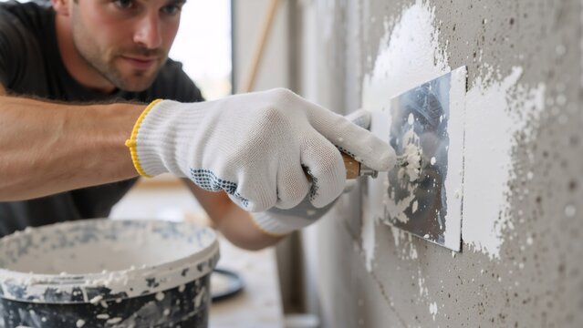 A construction worker applies white plaster to a concrete wall with a putty knife. Close-up of a handyman doing home renovation and repair work