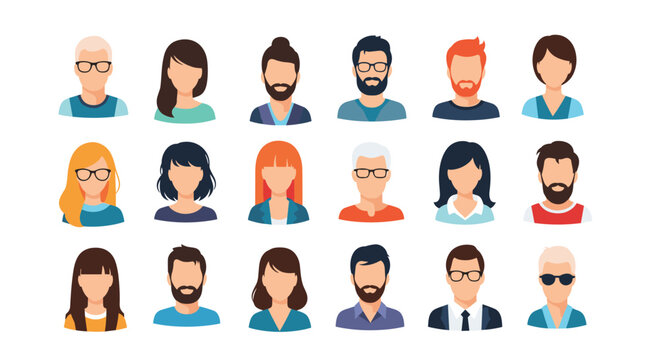Large collection of diverse male and female avatars features various hairstyles glasses and facial hair in clean flat vector illustration style.