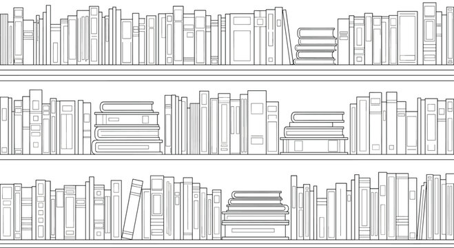 Extensive collection of books on three library shelves depicted in detailed black and white line art for education and literature concepts.