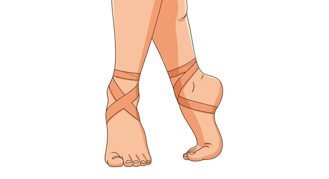 Close-up illustration of two feet in a graceful ballet pose with beige athletic tape wrapped around ankles and heels for support and injury care.