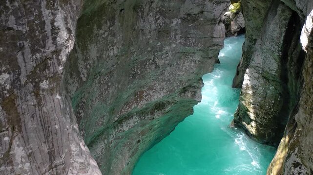 Aerial view into emerald canyon of Soča River gorge, Slovenia