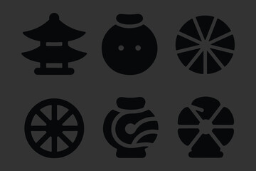Set of Traditional Japanese Icons and Symbols, Black Vector Graphics Featuring Cherry Blossoms, Folding Fans, Seigaiha Waves, and Geometric Floral Motifs for Culture and Design