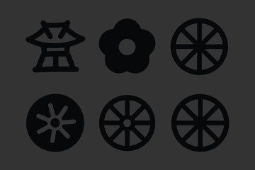 Set of Traditional Japanese Icons and Symbols, Black Vector Graphics Featuring Cherry Blossoms, Folding Fans, Seigaiha Waves, and Geometric Floral Motifs for Culture and Design