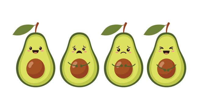 Collection of four cute avocado character emojis with different facial expressions including happy sad worried and laughing for social media.