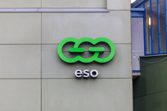 ESO company logo displayed on modern office building facade in Lithuania