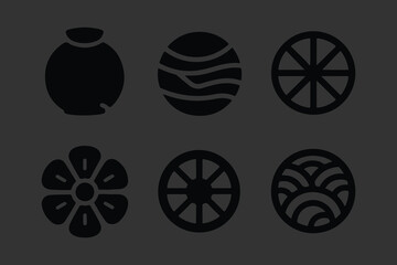 Set of Traditional Japanese Icons and Symbols, Black Vector Graphics Featuring Cherry Blossoms, Folding Fans, Seigaiha Waves, and Geometric Floral Motifs for Culture and Design