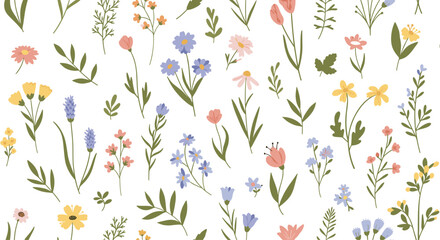 Seamless vector pattern of various colorful spring wildflowers and green leaves scattered across a plain white background.