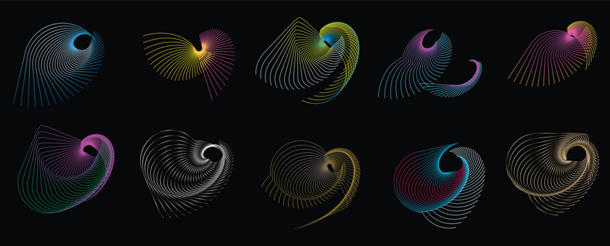 Abstract wireframe organic shapes collection with flowing colorful line patterns isolated on a black background, set vector illustration. 