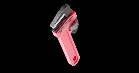 Red adjustable pipe wrench rotation animation seamlessly loopable. 3D rendering isolated on transparent background