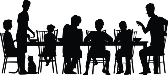 Black silhouette illustration of a family dining scene with adults, children, and a cat, highlighting social interaction and communal mealtime.