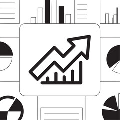 Data visualization dashboard concept with bar charts, pie graphs, and a prominent rising arrow for business performance monitoring and analytics report