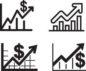 Financial growth and profit increase icons set featuring dollar signs, rising arrows, and bar charts for business success and investment concepts