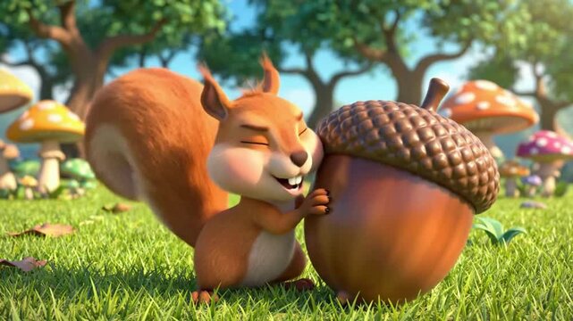Cute animated squirrel character proudly guarding an oversized shiny brown acorn in a vibrant magical forest setting