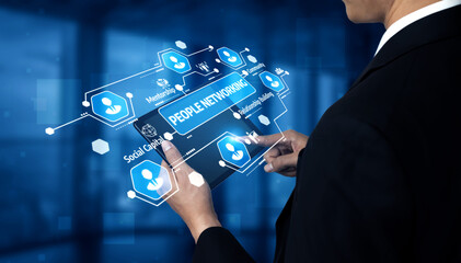 A businessman engages with smartphone technology, accessing a networking platform in a sleek office. Digital connections and social engagement are showcased in a modern environment. Tessel