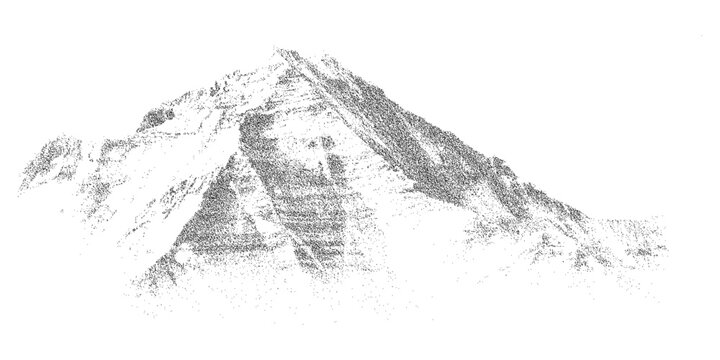 Grain dune landscape, layered stipple mountains with soft haze bands, monochrome dust texture background and clean negative space, vector illustration