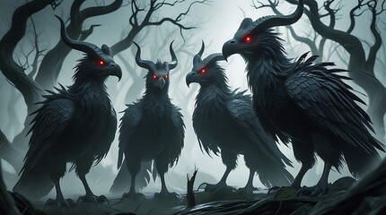 Black raven illustrated perched on a tree and standing on the ground in a simple vector art style