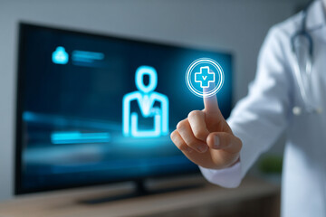 A telehealth interface on a screen shows a virtual consultation icon, representing remote healthcare and digital medicine.