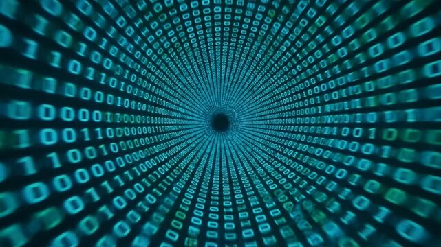 Abstract digital tunnel illustrating binary code in blue hues.