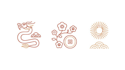 Fototapeta premium Traditional Chinese graphic elements including dragon, flower and coin