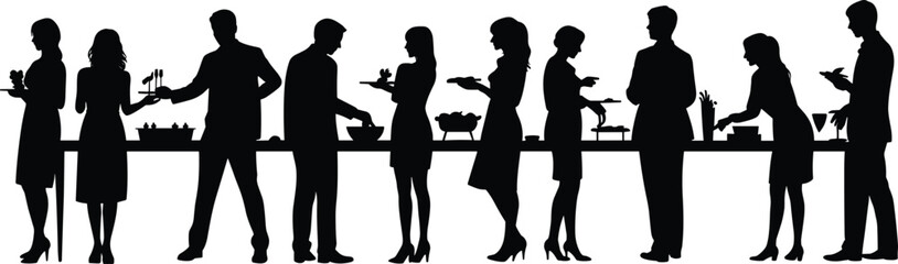 Elegant Business Networking Event Silhouettes with Professionals Standing, Socializing, Eating and Drinking at Corporate Party, Cocktail Reception, Vector Illustration on White Background