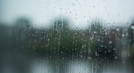 Obraz premium Rainy window texture in soft minimal style, muted blue and gray tones, atmospheric background for mood and reflection with copy space