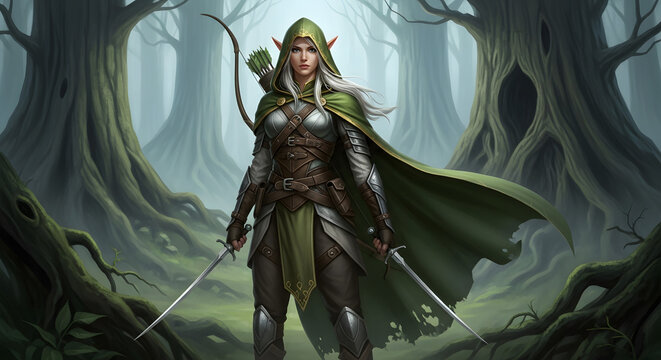 Female elf warrior with determined mood standing armed and vigilant against a mystical forest background