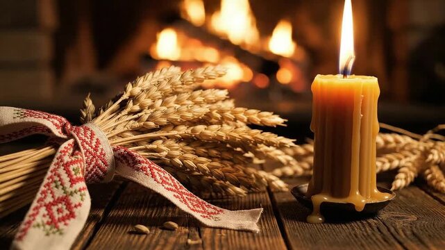 Cozy candlelight with wheat bundle on rustic wooden table