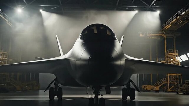 Sleek military jet in a high-tech hangar with dramatic lighting