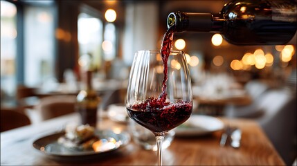 A close-up shot of red wine being poured into a tall, clear wine glass in a restaurant