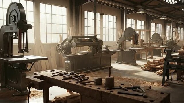 Busy woodworking factory with various machines and tools