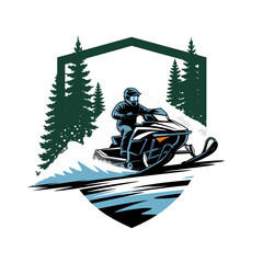 Snowmobile rider carving forest trail with flying powder inside alpine shield, winter powersports badge, outdoor adventure vector for sport branding and events