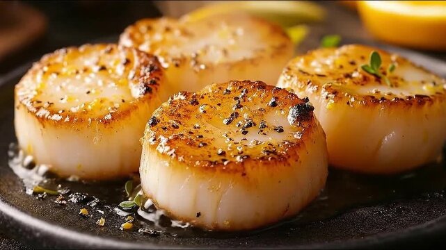 Seared scallops on a plate with herbs and seasonings
