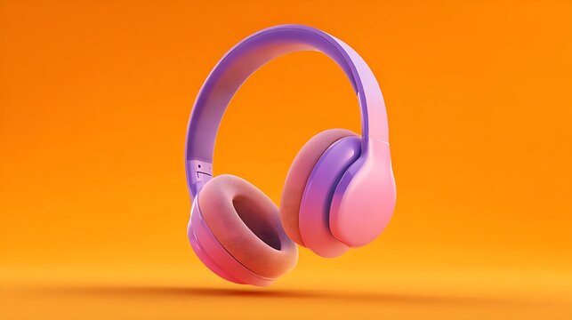 A vibrant studio shot of wireless over-ear headphones, purple and pink on a warm orange backdrop