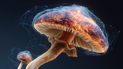 Glowing mushroom with digital network overlay. Scientific or tech concept, vibrant colors and textures