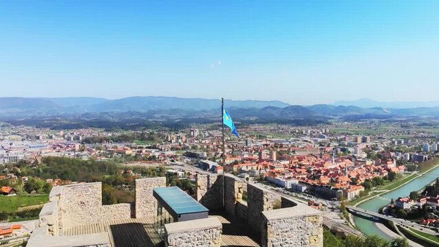 Aerial view of Celje Castle ruins overlooking city, Slovenia