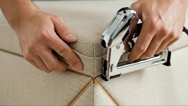 Person reupholstering furniture with staple gun and beige fabric
