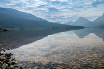 Low angle view of the shoreline of Bow Lake in western Alberta, Canada and part of Banff National Park. 