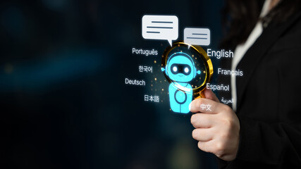 Fototapeta premium Global communication with multiple languages, digital translation tools, multilingual technology, cross-cultural communication, and virtual language learning environments. Spline