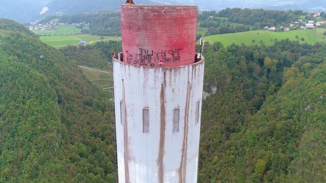 Close aerial view of weathered industrial chimney top, Slovenia