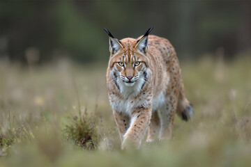 Fototapeta premium Wild Eurasian lynx walking across a soft autumn meadow