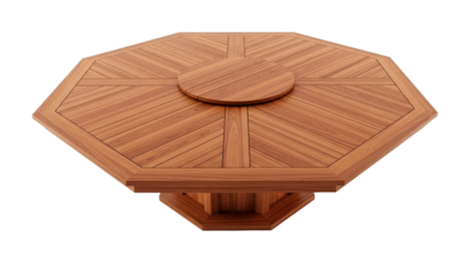 Octagonal wooden table with lazy Susan featuring a sophisticated geometric plank pattern and rich natural wood grain, presented from an elevated perspective.